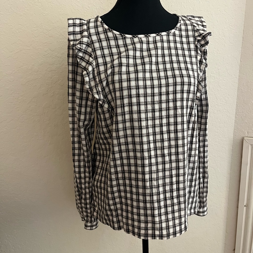 LOFT Black and White Ruffled Blouse